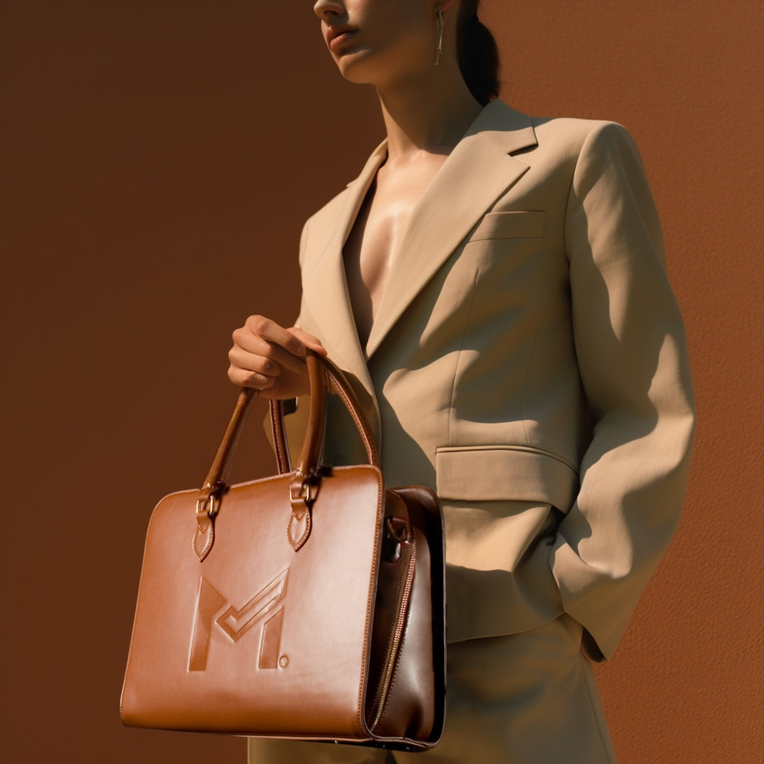 The MOOV Motion computer bag is California Proposition 65 compliant, ensuring adherence to safety standards. This sleek brown leather bag features sturdy handles and elegant stitching, showcased against a matching brown background.